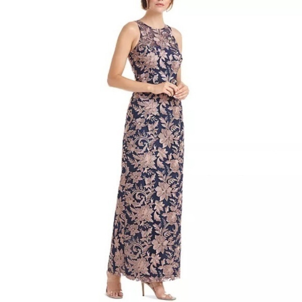 JS Collections Embroidered Halter Gown in Latte/Navy